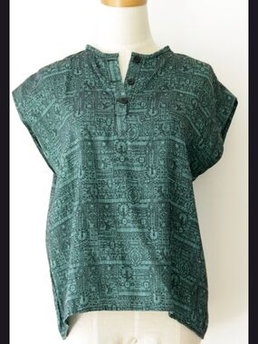 Vintage Silk Women's Button Blouse Green and Black Thai Vintage Style